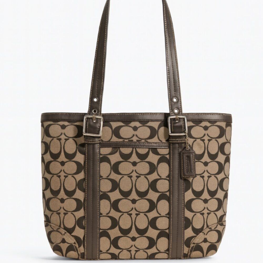 Coach Monogram Canvas Leather Tote Bag Medium Size Genuine Purse Vintage